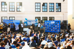 Los Angeles Archbishop José H. Gomez speaks during a celebratory event at Incarnation School in Glendale on Nov. 8 to celebrate funds raised for Catholic Education Foundation of Los Angeles thanks to the Dodgers winning the World Series. (Victor Alemán)