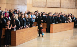 The family of Dodgers legend Fernando Valenzuela prays during his funeral Mass on Nov. 6 at the Cathedral of Our Lady of the Angels. (Victor Alemán)