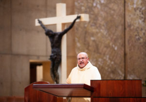 Father Jim Anguiano offers to homily during the funeral Mass for Dodgers legend Fernando Valenzuela on Nov. 6 at the Cathedral of Our Lady of the Angels. (Victor Alemán)