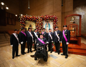 The Knights of Columbus post in front of the pilgrim images of Our Lady of Guadalupe and St. Juan Diego at the Las Mañanitas event celebrating Our Lady of Guadalupe at the Cathedral of Our Lady of the Angels in the late-night hours of Dec. 11. (Victor Alemán)