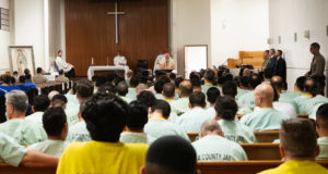 Archbishop José H. Gomez celebrates Mass for inmates at LA Men's Central Jail during his annual visit on Christmas Day. (Victor Alemán)