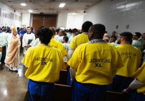 Archbishop José H. Gomez celebrates Mass for inmates at LA Men's Central Jail during his annual visit on Christmas Day. (Victor Alemán)