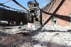 The inside of the destroyed Corpus Christi Church is seen in Pacific Palisades on the west side of Los Angeles Jan. 15, 2025. (OSV News photo/Bob Roller)