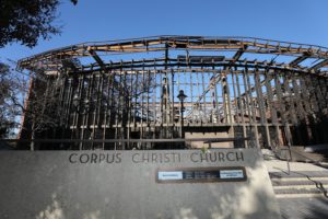 The destroyed Corpus Christi Church is seen in Pacific Palisades on the west side of Los Angeles Jan. 15, 2025. (OSV News photo/Bob Roller)