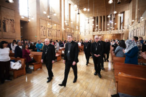 Archbishop José H. Gomez, Bishop Joseph Brennan of Fresno, and the auxiliary bishops of the Archdiocese of Los Angeles walk into the Cathedral of Our Lady of the Angels to begin the OneLife LA celebration on Jan. 18. (Victor Alemán)