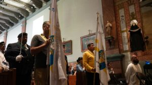 Local parish representatives, Knights of Columbus, and pilgrims prayed during Eucharistic Adoration following the June 20 Mass at Mission Basilica San Buenaventura. (Katie Trejo)