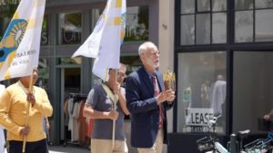 Greg Wood, coordinator of the Camino de California pilgrimage group, carries a relic of St. Junipero Serra during a short Eucharistic Procession at Mission Basilica San Buenaventura on Friday, June 20, 2025. (Katie Trejo)