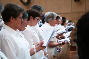 Sisters of the Society Devoted to the Sacred Heart of Jesus attend the Cathedral of Our Lady of the Angels on June 22 for Mass during the National Eucharistic Pilgrimage. (Victor Alemán)