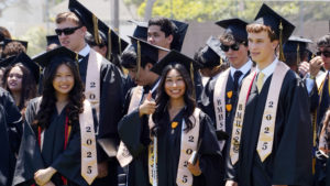 A graduate gives a thumbs up after receiving her diploma during Bishop Montgomery High School’s graduation ceremony on May 30. (Bishop Montgomery High School)