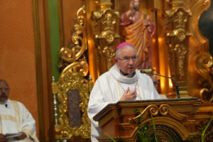 Archbishop José H. Gomez offers his homily during a Mass at Sacred Heart Church in Altadena on June 20, 2025, during the National Eucharistic Pilgrimage. (Katie Trejo)