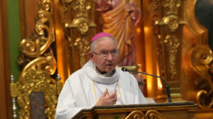 Archbishop José H. Gomez offers his homily during a Mass at Sacred Heart Church in Altadena on June 20, 2025, during the National Eucharistic Pilgrimage. (Katie Trejo)