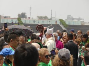 Archbishop José  H. Gomez blesses pilgrims outside the Basilica of Our Lady of Guadalupe in Mexico City during LA Catholics’ annual pilgrimage to Mexico on July 4. (Submitted photo/Archdiocese of Los Angeles)