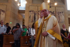 Archbishop José H. Gomez offers blessings to attendees following the “One Mother, Many Peoples” Mass at the Cathedral of Our Lady of the Angels on Sept. 6, which celebrated the diverse cultures, organizations, and ethnic ministries in the Archdiocese of Los Angeles. (Reese Cuevas/Archdiocese of Los Angeles)