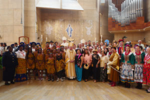 Archbishop José H. Gomez poses with attendees following the “One Mother, Many Peoples” Mass at the Cathedral of Our Lady of the Angels on Sept. 6, which celebrated the diverse cultures, organizations, and ethnic ministries in the Archdiocese of Los Angeles. (Reese Cuevas/Archdiocese of Los Angeles)