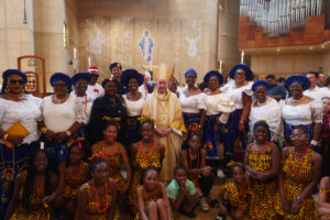 Archbishop José H. Gomez poses with attendees following the “One Mother, Many Peoples” Mass at the Cathedral of Our Lady of the Angels on Sept. 6, which celebrated the diverse cultures, organizations, and ethnic ministries in the Archdiocese of Los Angeles. (Reese Cuevas/Archdiocese of Los Angeles)