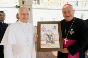 Pope Leo XIV poses for a photo with retired Bishop Giulio Mencuccini of Sanggau, Indonesia, after an audience for the Jubilee of Migrants and the Jubilee of the Missions Oct. 4, 2025. The bishop is known in Italy as the 