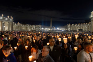 Pilgrims, including religious sisters, priests and laypeople who serve as missionaries around the world, recite the rosary in St. Peter's Square at the Vatican Oct. 4, 2025, as part of the Jubilee of the Missions. (CNS photo/Pablo Esparza)