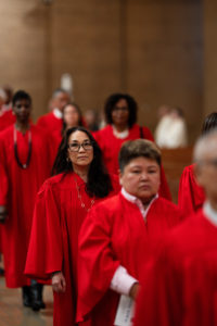 Legal professionals process in to begin the annual Red Mass at
the Cathedral of Our Lady of the Angels on Oct. 14. (Peter Lobato)