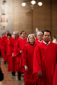 Legal professionals process in to begin the annual Red Mass at
the Cathedral of Our Lady of the Angels on Oct. 14. (Peter Lobato)
