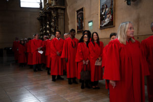 Legal professionals process in to begin the annual Red Mass at
the Cathedral of Our Lady of the Angels on Oct. 14. (Peter Lobato)