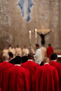 Legal professionals pray during the annual Red Mass at
the Cathedral of Our Lady of the Angels on Oct. 14. (Peter Lobato)
