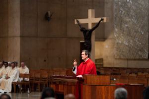 Father Barnaby Johns, OSA, the prior provincial of the Province of St. Augustine in California, delivers the homily during the Red Mass for Legal Professionals at
the Cathedral of Our Lady of the Angels on Oct. 14. (Peter Lobato)