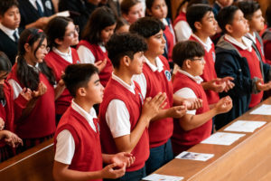 Students pray during the annual Missionary Childhood Association (MCA) Youth Appreciation Mass at the Cathedral of Our Lady of the Angels on Oct. 15. (Isabel Cacho)
