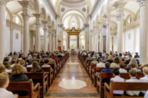 Attendees pack the chapel at Thomas Aquinas College in Santa Paula on Oct. 14 during a U.S. tour of the relics of St. Thérèse. (Liam McDaniel/Thomas Aquinas College)