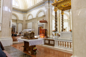 The reliquary holding the relics of St. Thérèse sits on the altar during the tour’s stop at Thomas Aquinas College in Santa Paula on Oct. 14. (Liam McDaniel/Thomas Aquinas College)