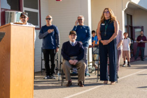 The honored guests recite the Pledge of Allegiance during a Veterans Day event at Holy Angels School in Arcadia on Nov. 10. (Lawrence Lane)