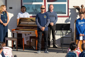 Mervin Vergara, a school parent who is currently serving in the U.S. Navy, was honored during a Veterans Day event at Holy Angels School in Arcadia on Nov. 10. (Lawrence Lane)