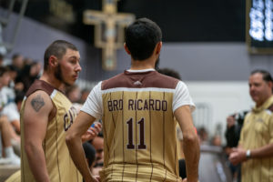 Game action as the Capuchin Franciscans play against the seminarians in the Archdiocese of Los Angeles' annual priests vs. seminarians basketball game, this year on Jan. 18 at St. Francis High School in La Cañada Flintridge. (John Rueda)