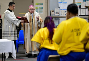 Archbishop José H. Gomez celebrates Mass at Century Regional Detention Facility in Lynwood, LA County’s largest women’s jail, on Christmas Day, Dec. 25, 2025. (John McCoy)