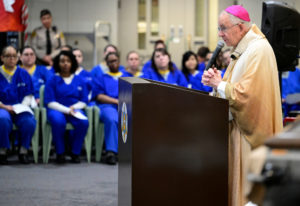 Archbishop José H. Gomez offers his homily during Mass at Century Regional Detention Facility in Lynwood, LA County’s largest women’s jail, on Christmas Day, Dec. 25, 2025. (John McCoy)