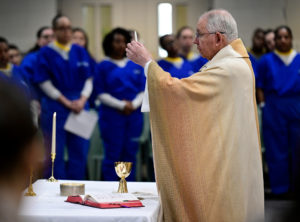 Archbishop José H. Gomez celebrates Mass at Century Regional Detention Facility in Lynwood, LA County’s largest women’s jail, on Christmas Day, Dec. 25, 2025. (John McCoy)