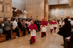 Archbishop José  H. Gomez and LA's auxiliary bishops process out of the Cathedral of Our Lady of the Angels after the Rite of Election ceremony on Feb. 15. (Peter Lobato)