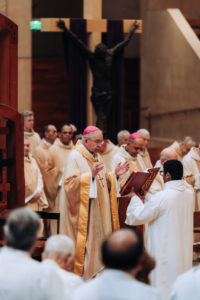 Archbishop José H. Gomez prays at a Mass celebrating his 25th anniversary of episcopal ordination on March 26, 2026 at the Cathedral of Our Lady of the Angels.  (Isabel Cacho)