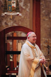 Archbishop José H. Gomez smiles while being recognized at a Mass celebrating his 25th anniversary of episcopal ordination on March 26, 2026 at the Cathedral of Our Lady of the Angels.  (Isabel Cacho)