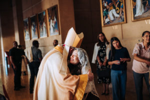 Archbishop José H. Gomez greets well-wishers after the March 26, 2026 Mass marking his 25th anniversary of episcopal ordination. (Isabel Cacho)