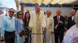 Bishop Edward Clark after his 25th episcopal ordination anniversary Mass at St. Maria Goretti in Long Beach March 28. Most of the guests were friends from LA parishes where he served, including Cathedral Chapel of St. Vibiana in Mid-City. (Peter Lobato)