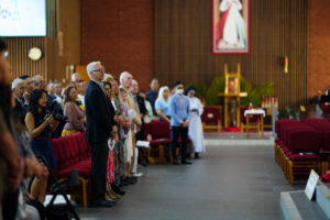 Most of the guests of Bishop Edward Clark's 25th episcopal ordination anniversary Mass at St. Maria Goretti Church in Long Beach March 28 were friends from LA parishes where he served, including Cathedral Chapel of St. Vibiana in Mid-City. (Peter Lobato)