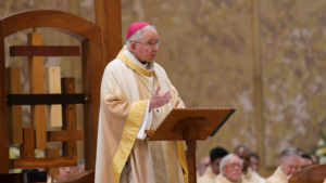 Archbishop José H. Gomez gives the homily at his 25th episcopal anniversary Mass Thursday, March 26, at the Cathedral of Our Lady of the Angels. (Isabel Cacho/Archdiocese of Los Angeles)