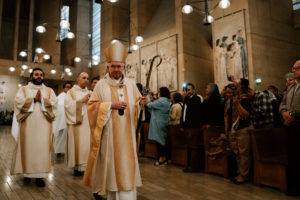 Archbishop José H. Gomez processes into the Cathedral of Our Lady of the Angels during the Chrism Mass on March 30. (Peter Lobato) (Peter Lobato)