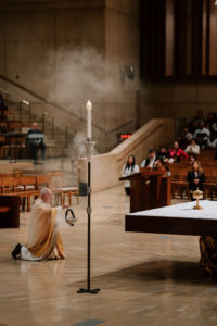 Archbishop José H. Gomez uses incense during the Mass of the Lord's Supper at the Cathedral of Our Lady of the Angels on April 2. (Peter Lobato)