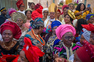 Parishioners at St. Eugene Church in South LA gather around Cardinal Peter Ebere Okpaleke of Ekwulobia, Nigeria, following a special May 31 Mass with the prelate, who visited LA as part of a tour visiting Nigerian Catholics living in the U.S. (Michael Goulding)