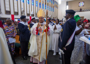 Cardinal Peter Ebere Okpaleke of Ekwulobia, Nigeria, blesses parishioners during a special May 31 Mass at St. Eugene Church in South LA. The cardinal visited LA as part of a tour visiting Nigerian Catholics living in the U.S. (Michael Goulding)