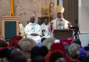 Cardinal Peter Ebere Okpaleke of Ekwulobia, Nigeria, offers the homily during a special May 31 Mass at St. Eugene Church in South LA. The cardinal visited LA as part of a tour visiting Nigerian Catholics living in the U.S. (Michael Goulding)