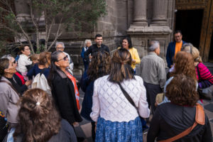 Pilgrims gather outside the Mexico City Metropolitan Cathedral on July 10. (Isabel Cacho)