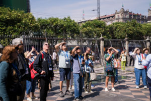 Pilgrims and LA Auxiliary Bishop Marc Trudeau look up outside the Mexico City Metropolitan Cathedral on July 10. (Isabel Cacho)