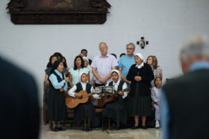 Women religious and cantors sing during Mass inside the Sanctuary of the Fifth Guadalupan Apparition in Tulpetlac, Mexico, on July 12. (Isabel Cacho)